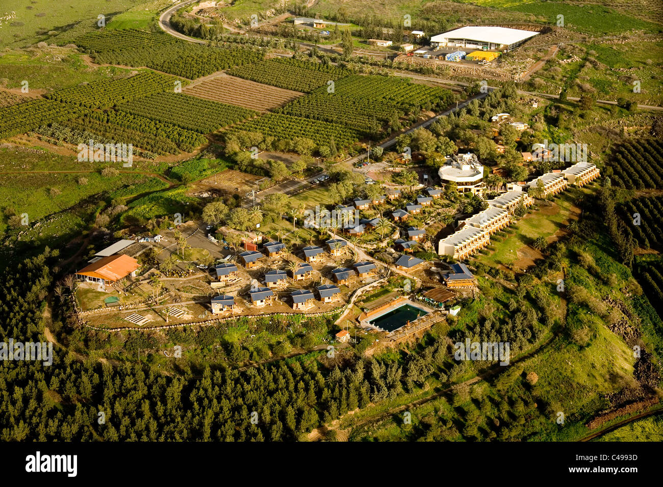 Aerial photograph of the Ramot guest house in the southern Golan Heights Stock Photo