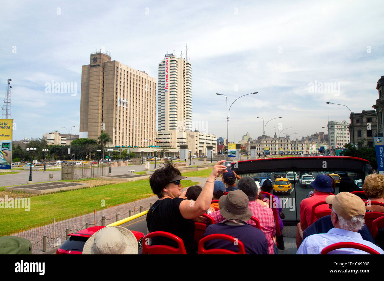 View of hotels from the upper deck of a tour bus in Lima, Peru. Stock Photo