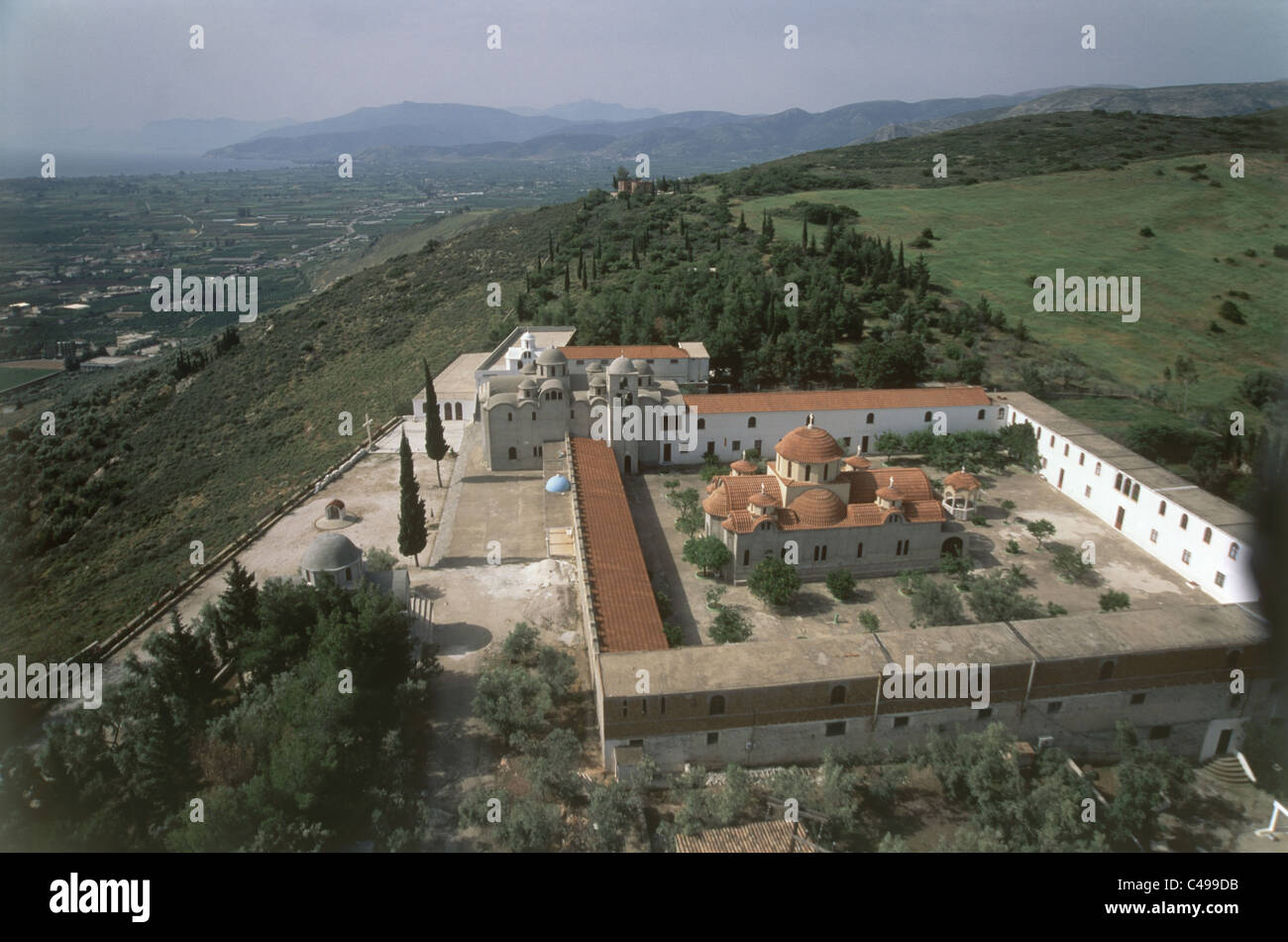 Aerial photograph of a Greek monastery on the Peloponnese peninsula Stock Photo