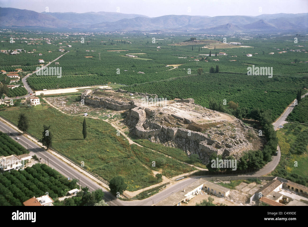 Aerial photograph of the ruins of the Greek city of Tyiryns on the Peloponnese peninsula Stock Photo