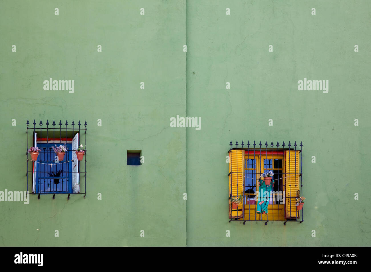 Colorfully painted building with window in the Caminito, La Boca district, Buenos Aires, Argentina, South America. Stock Photo