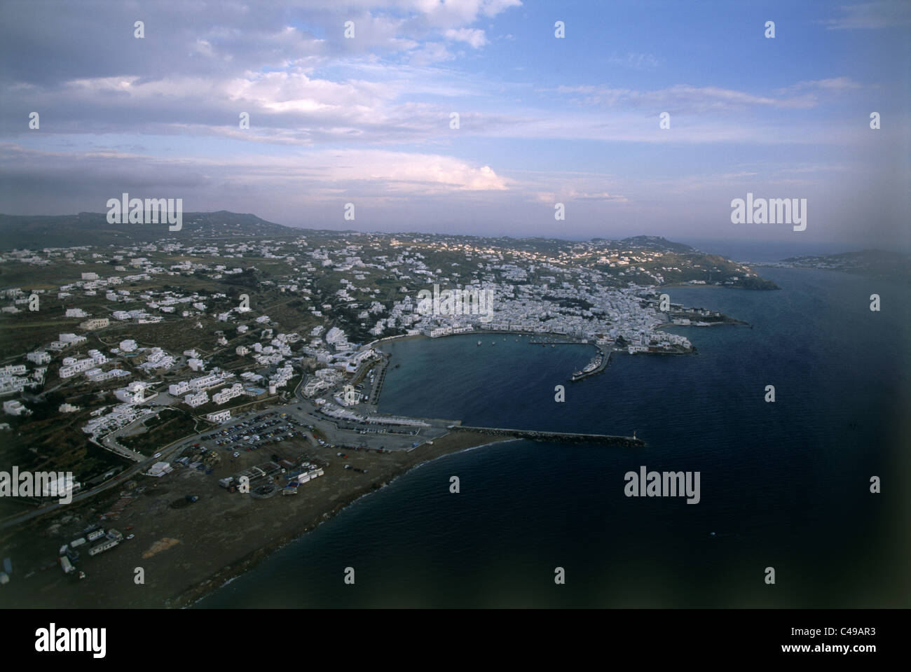 Aerial photograph of the Greek island of Mikonos Stock Photo