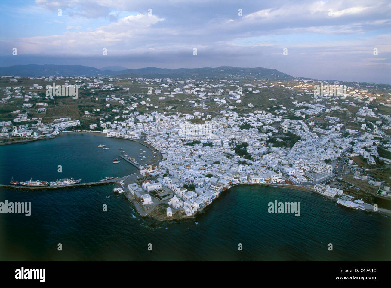 Aerial photograph of the Greek island of Mikonos Stock Photo