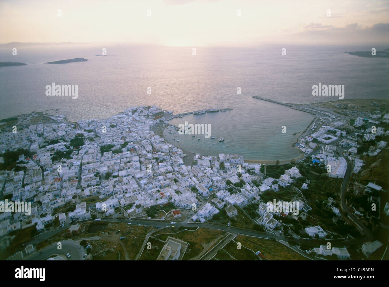 Aerial photograph of the Greek island of Mikonos at suunset Stock Photo