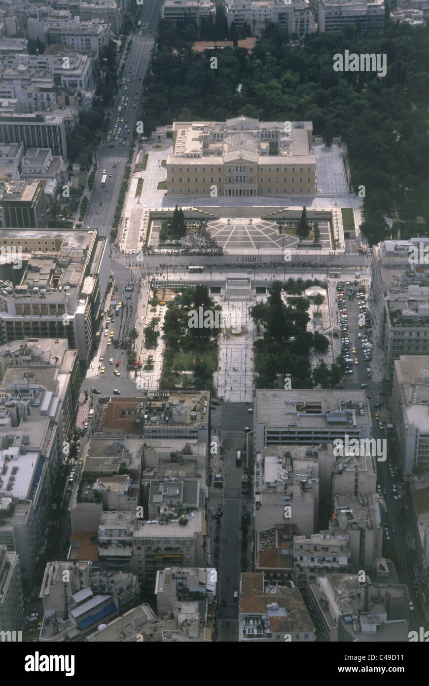 Aerial photograph of the Syntagma Square and the Greek parliament in Athens Greece Stock Photo