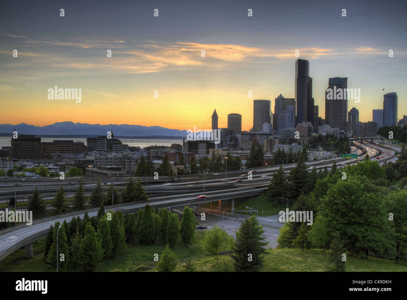 Seattle Washington Skyline and Freeway at Sunset Stock Photo