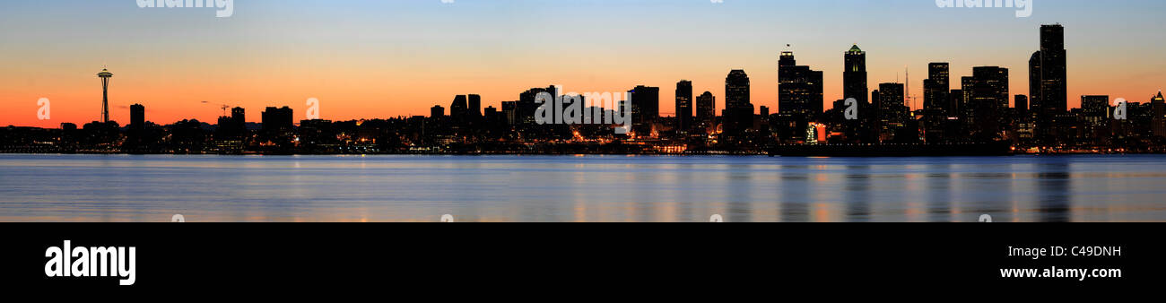 Downtown Skyline and Puget Sound at Sunrise Panorama Stock Photo