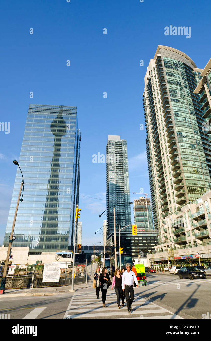 Skyscrapers in the Financial district  and reflection of CN Tower, Toronto, Ontario, Canada Stock Photo