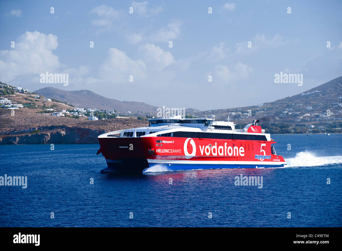 Hellenic Seaways Highspeed 5 ferry cruising on the Aegean Sea  near the coast of the Cyclade island of Paros. Stock Photo