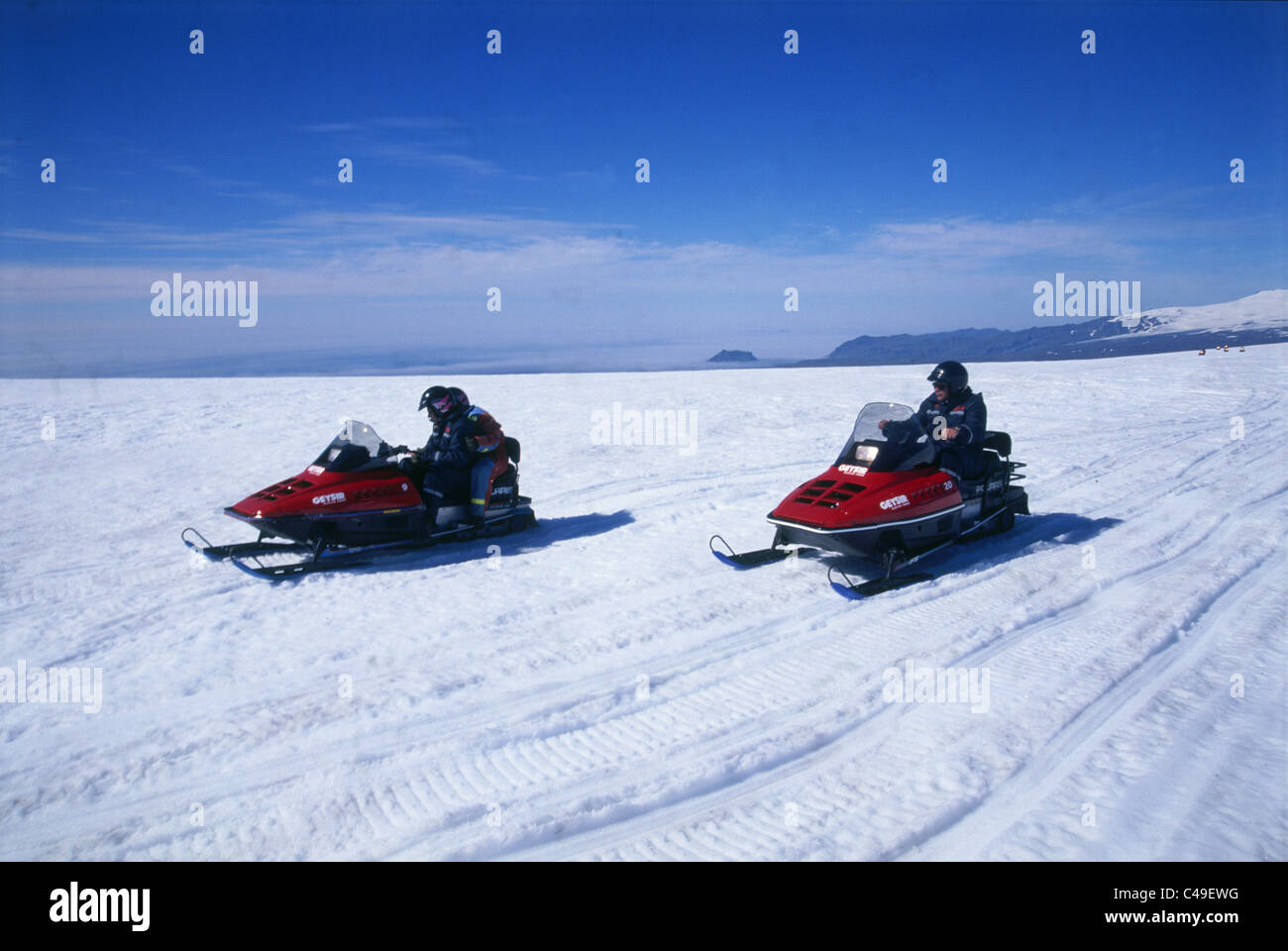 Photograph of people riding their motorbikes in Iceland Stock Photo