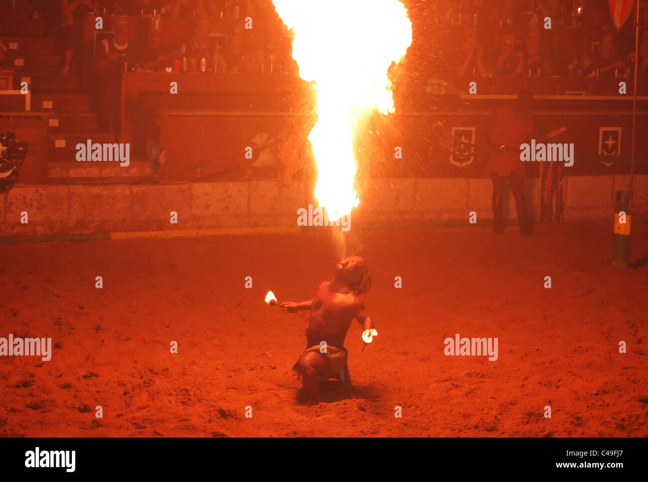 Fire juggler performs during Medieval Knight Show at the San Miguel Castle,  Tenerife island, Spain Stock Photo