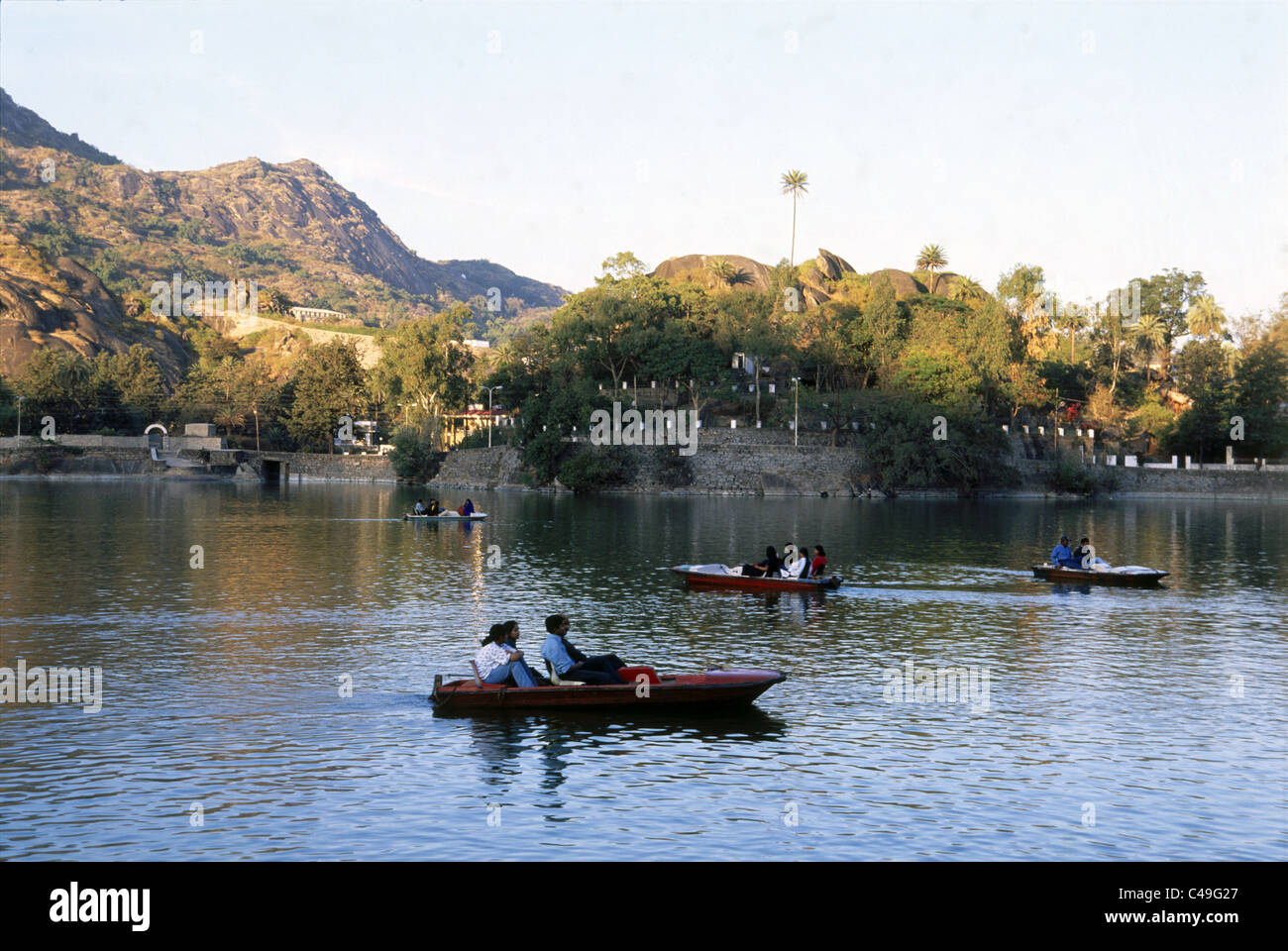 Photograph of pedal boats on an artificial lake in India Stock Photo
