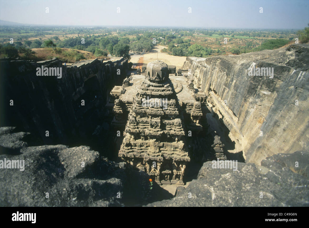 Photograph of an Indian temple shaped as a pyramid in the Ellora's caves Stock Photo