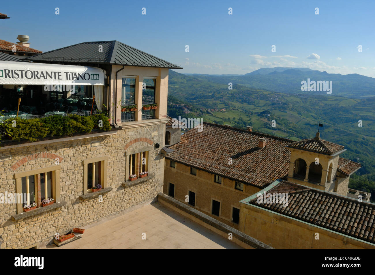 Panoramic views from the cliff top of San Marino Stock Photo