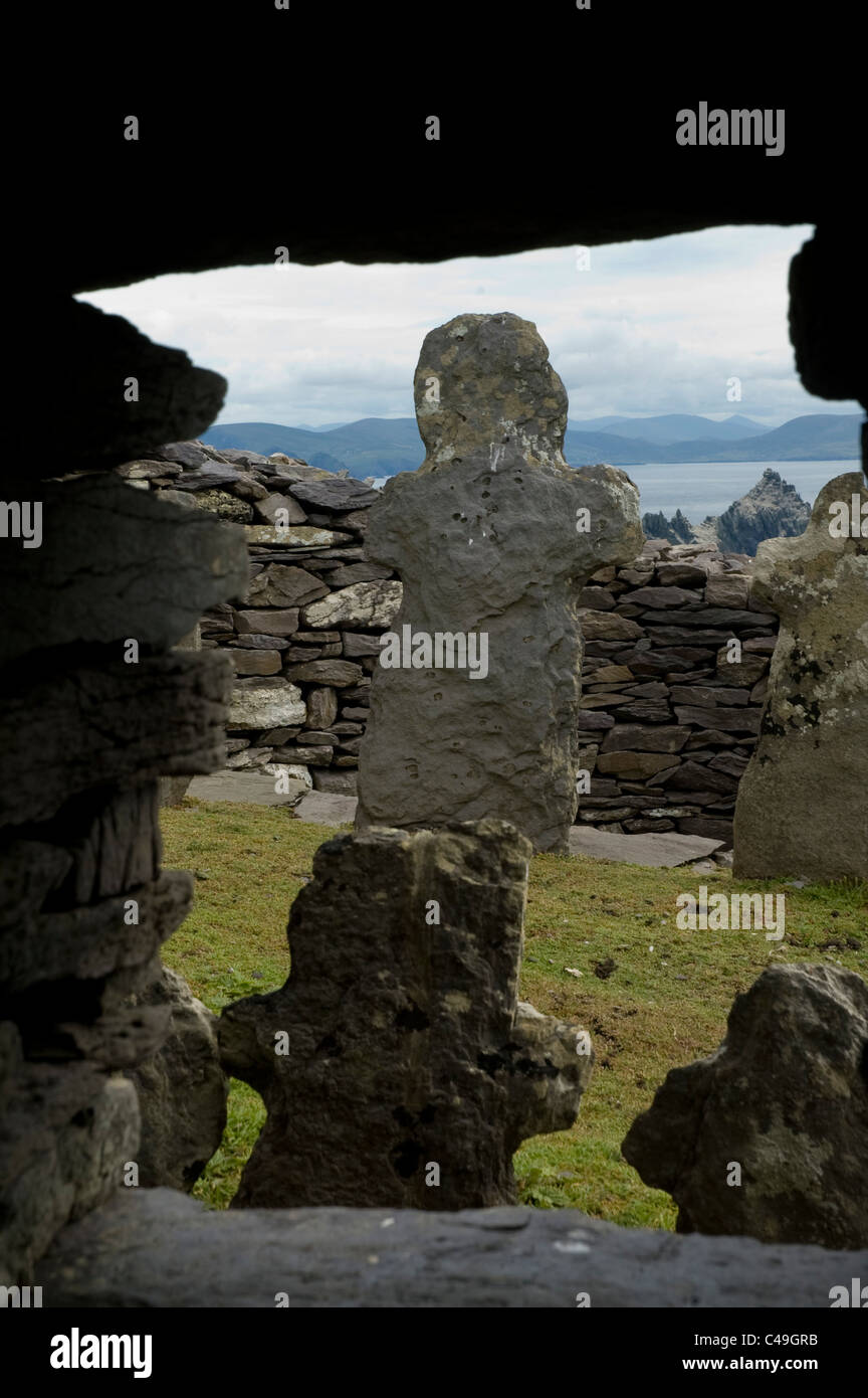 Photograph of an ancient cemetery on a cliff in Ireland Stock Photo