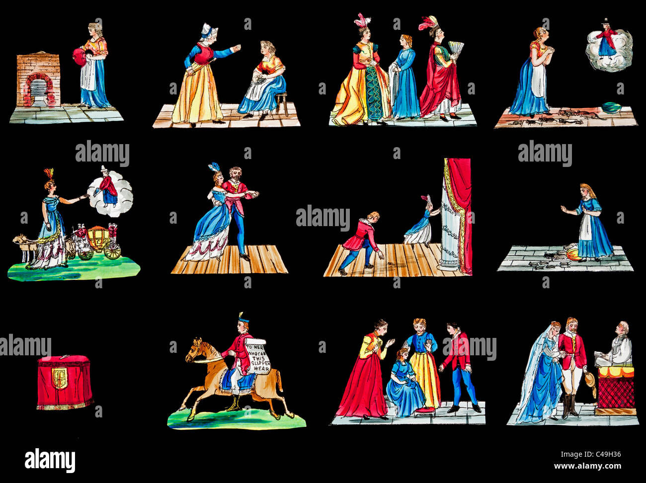 Twelve hand-painted 19th century animated magic lantern slide images depicting the story of Cinderella JMH4967 Stock Photo