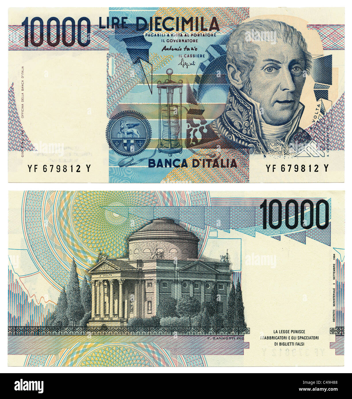 Front and back of former 10000 (Diecimila) Italian Lira banknote replaced by the Euro in 2002 on a pure white background JMH4970 Stock Photo