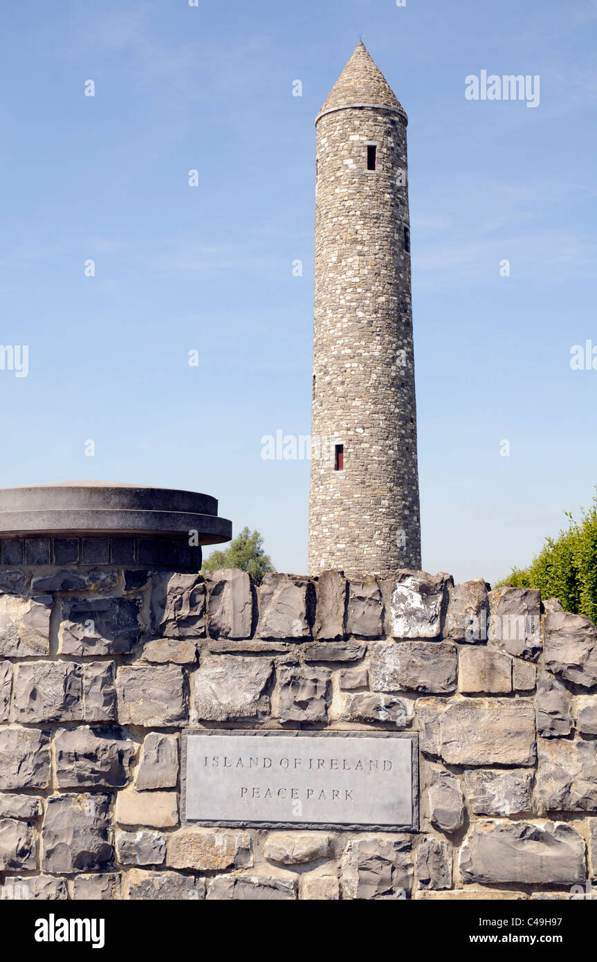 Irish ‘Round Tower’ at the Island of Ireland Peace Park, Mesen (Messines), near Ypres, Belgium. Stock Photo