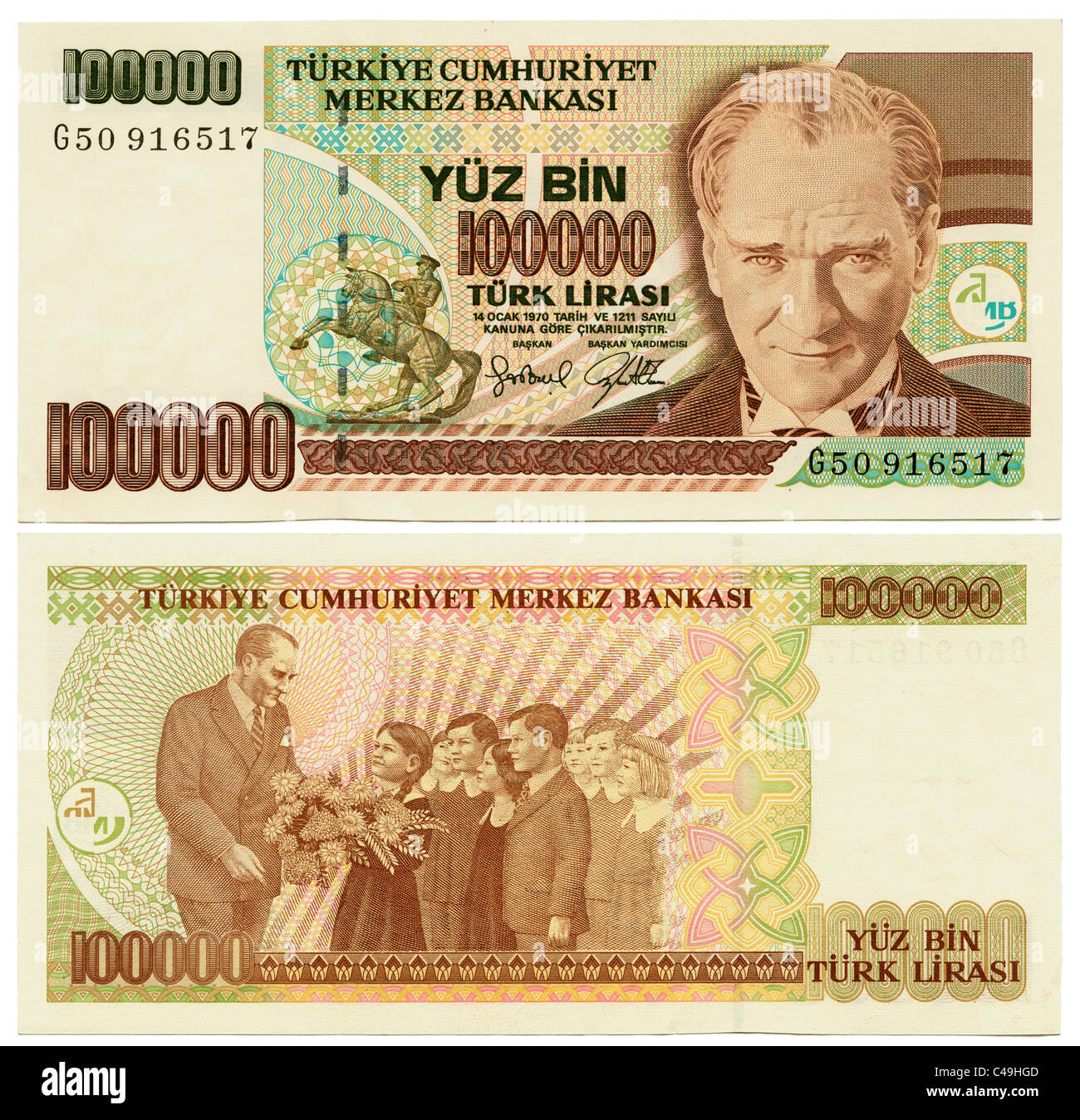 Front and back views of former 100,000 (Yuz Bin) Turk Turkish Lirasi or one  hundred thousand Lira banknote replaced 2009 JMH4974 Stock Photo - Alamy