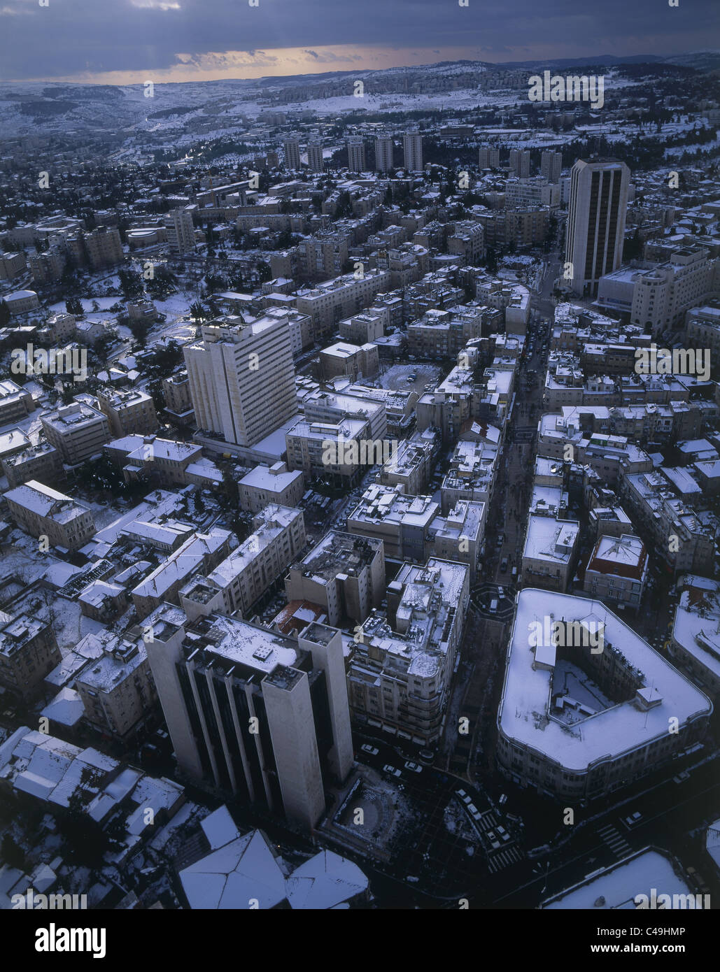 Aerial photograph of the Zion Square in Jerusalem after a snow storm