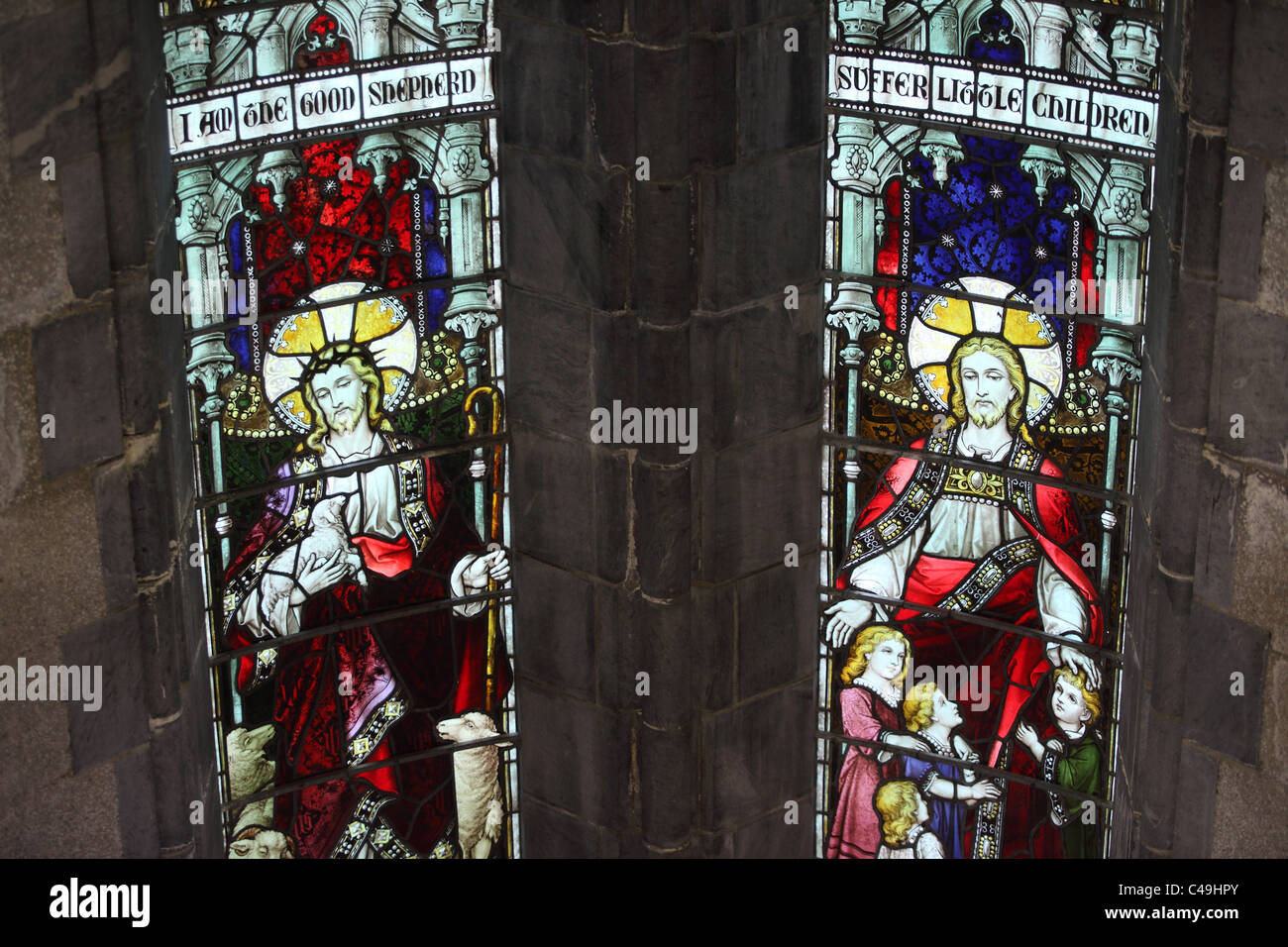 Stained glass windows at Nelson's Cathedral, New Zealand Stock Photo