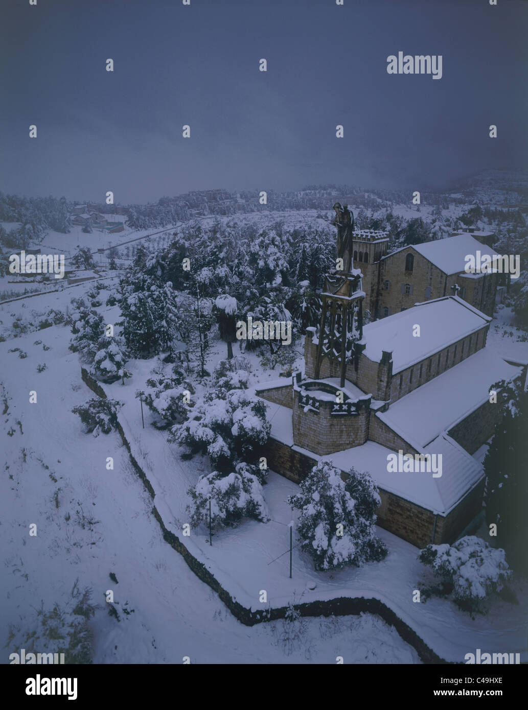 Aerial photograph of the church of Our Lady of the Ark of the Covenant at Abu Gosh on the mountains of Jerusalem at winter Stock Photo