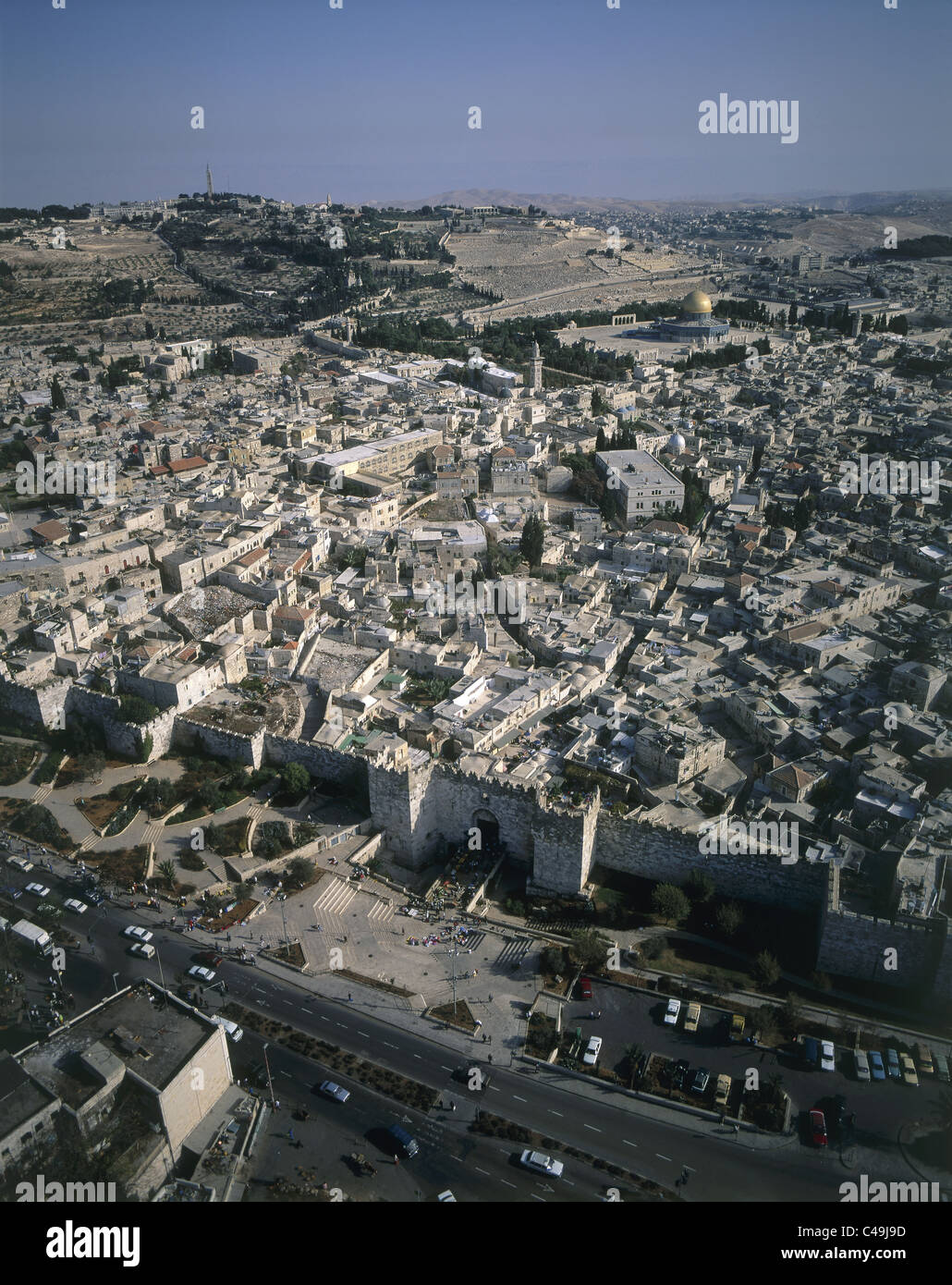 Aerial photograph of the Damascus gate in the old city of Jerusalem Stock Photo