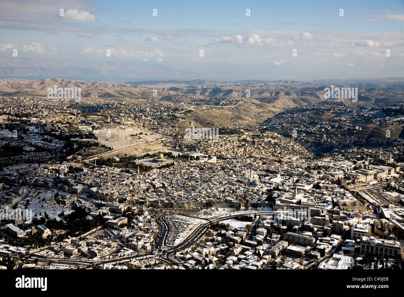 Aerial photograph of the old city of Jerusalem after snow storm Stock ...