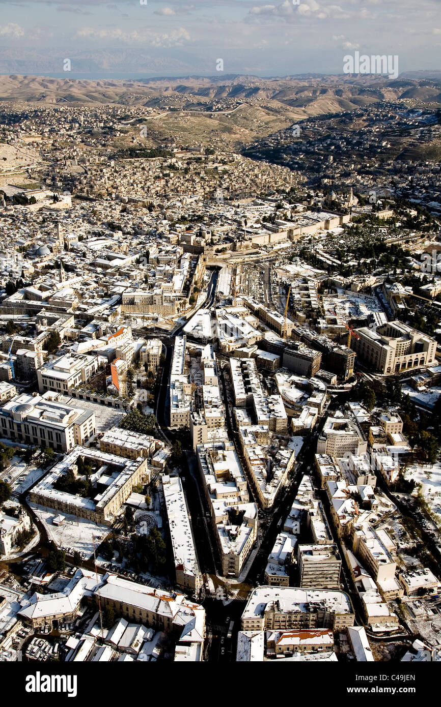 Aerial photograph of the old city of Jerusalem after snow storm Stock ...