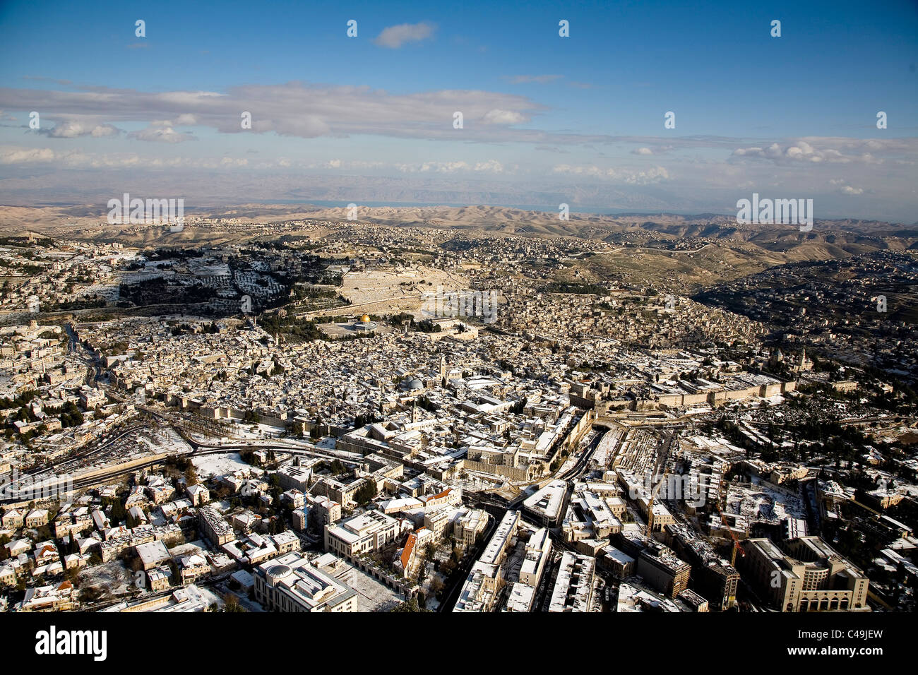 Aerial photograph of the old city of Jerusalem after snow storm Stock ...