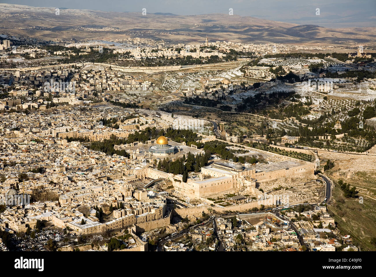 Aerial photograph of the old city of Jerusalem after snow storm Stock Photo