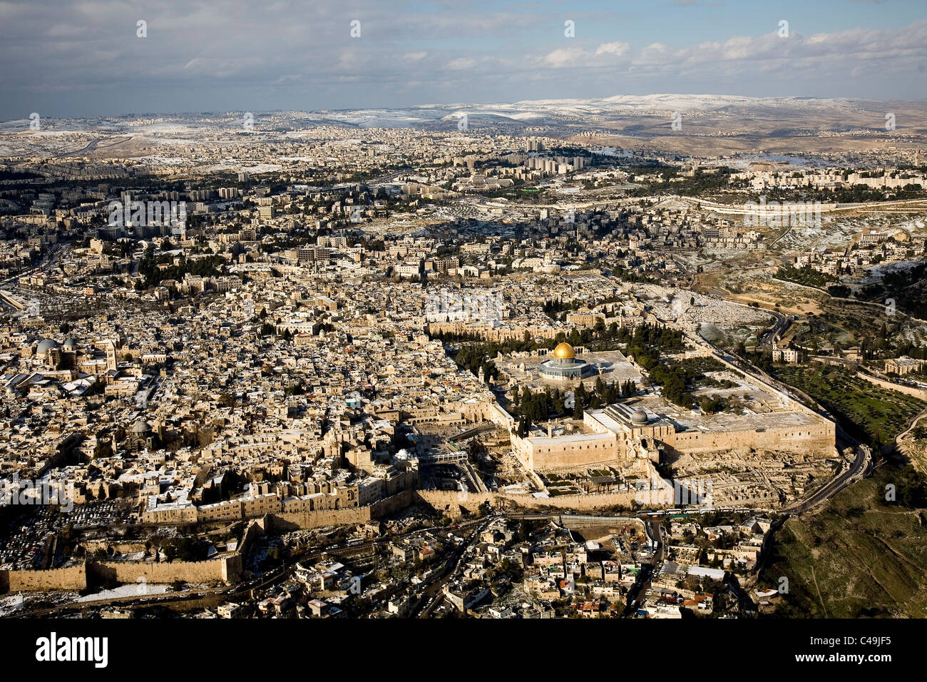 Aerial photograph of the old city of Jerusalem after snow storm Stock ...
