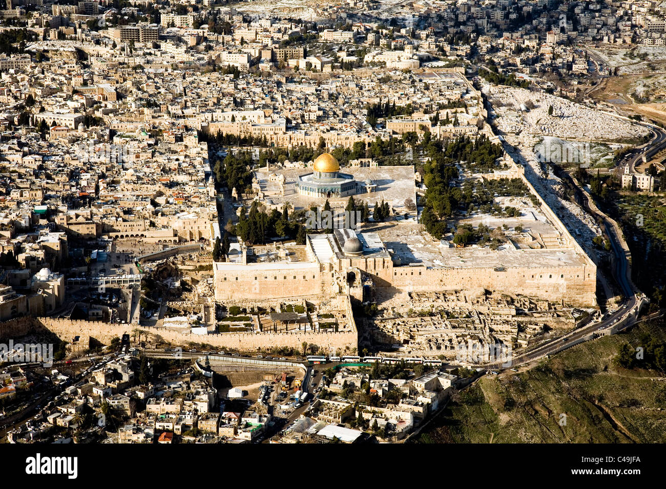 Aerial photograph of the old city of Jerusalem after snow storm Stock ...