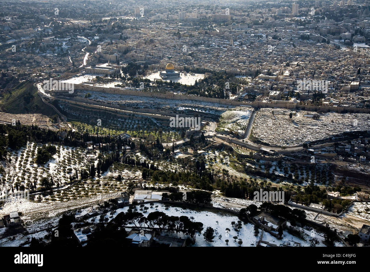 Aerial photograph of the old city of Jerusalem after snow storm Stock ...