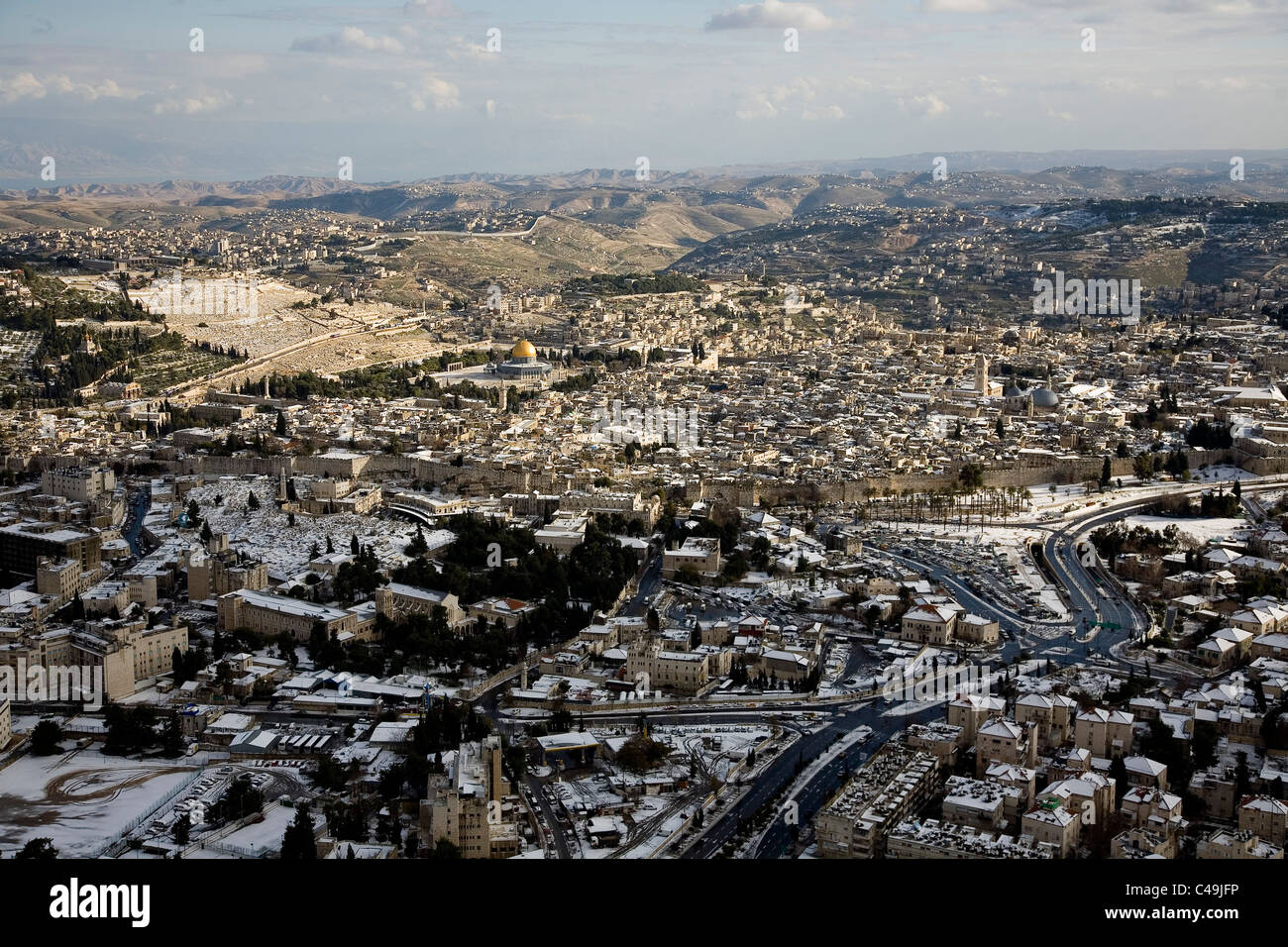 Aerial photograph of the old city of Jerusalem after snow storm Stock ...