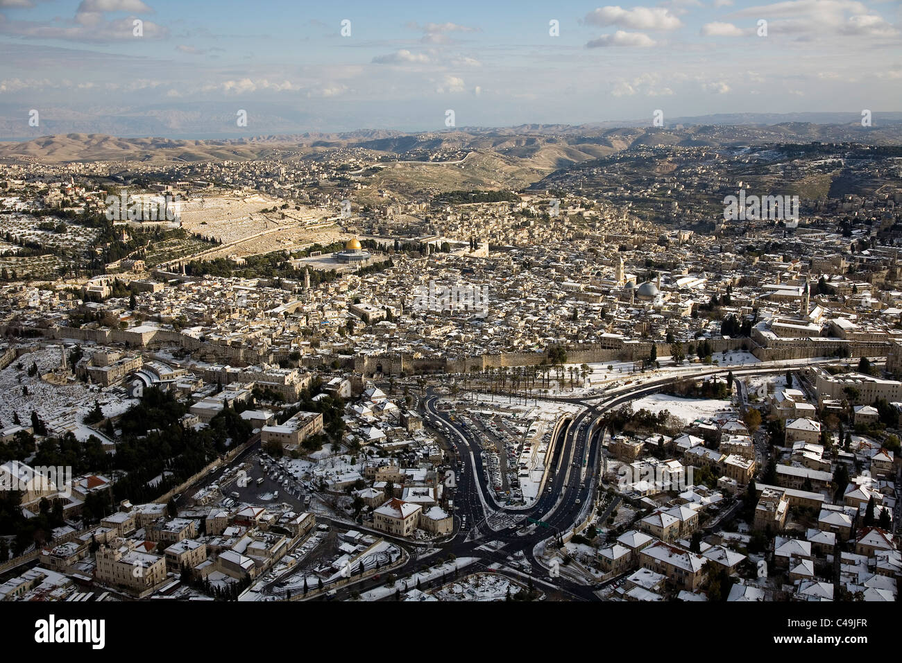 Aerial photograph of the old city of Jerusalem after snow storm Stock ...