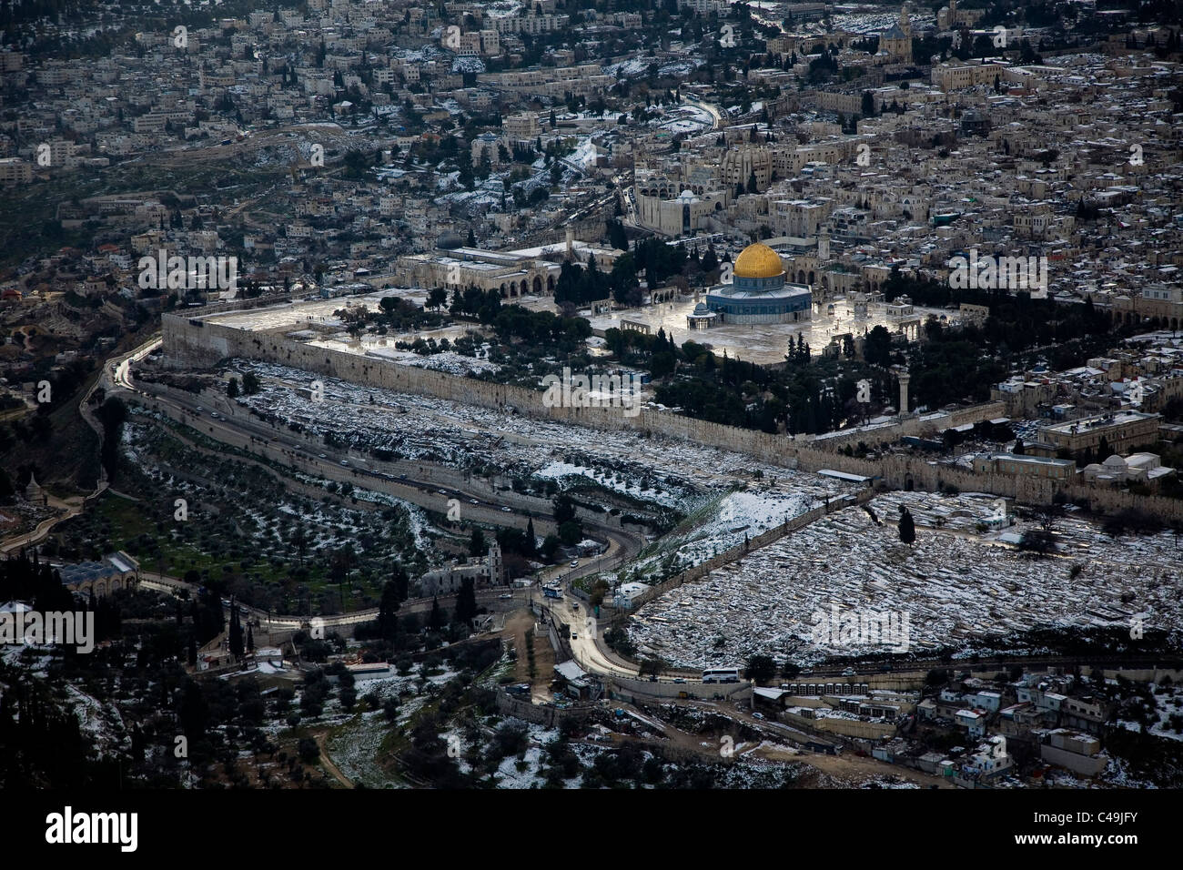 Aerial photograph of the old city of Jerusalem after snow storm Stock ...