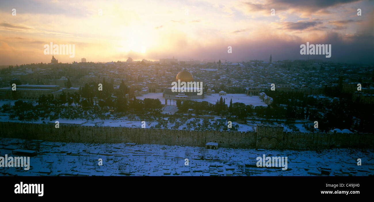 Aerial view of the old city of Jerusalem covered with snow Stock Photo ...