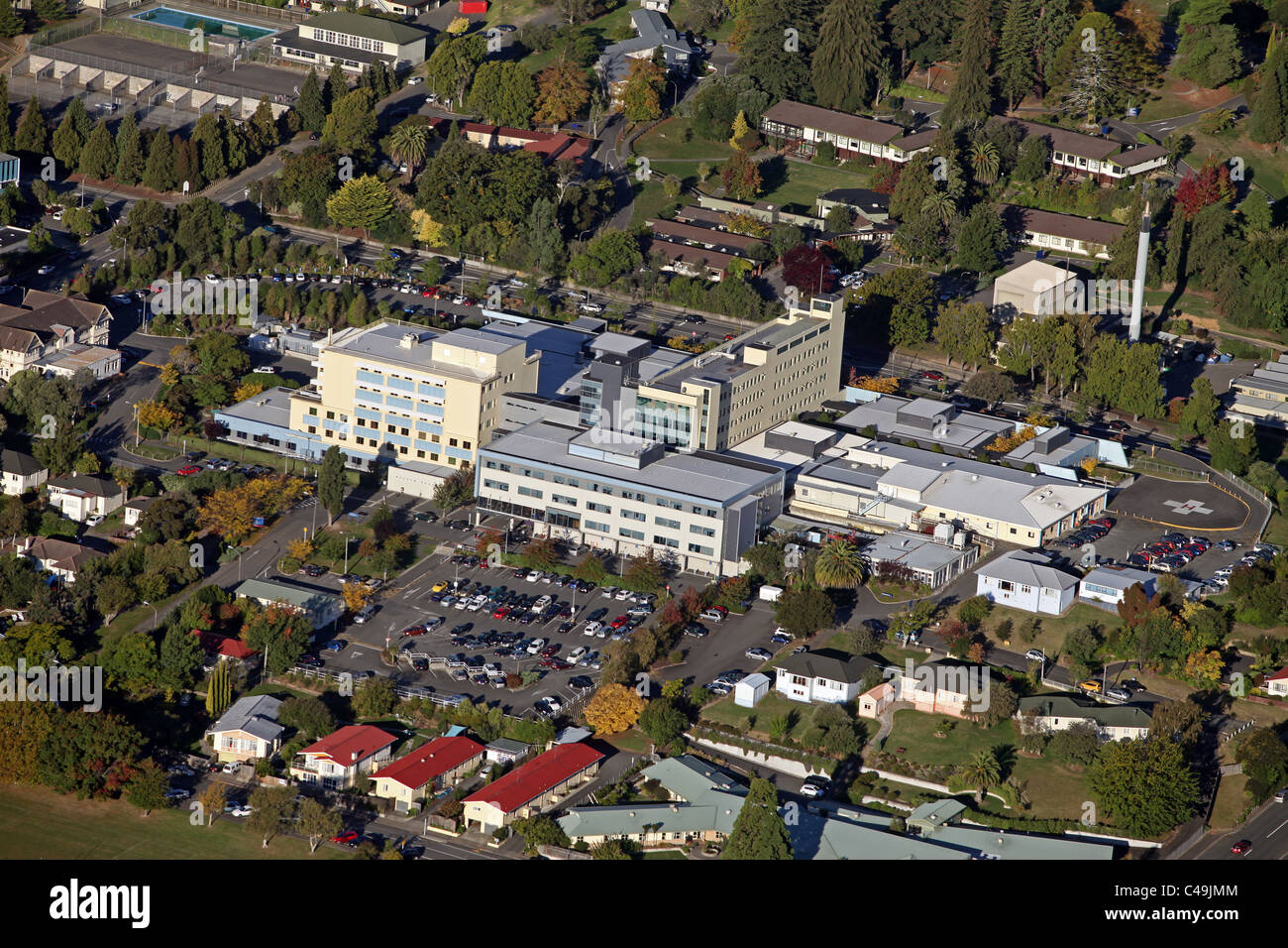 Nelson Hospital from the air, Nelson, New Zealand Stock Photo