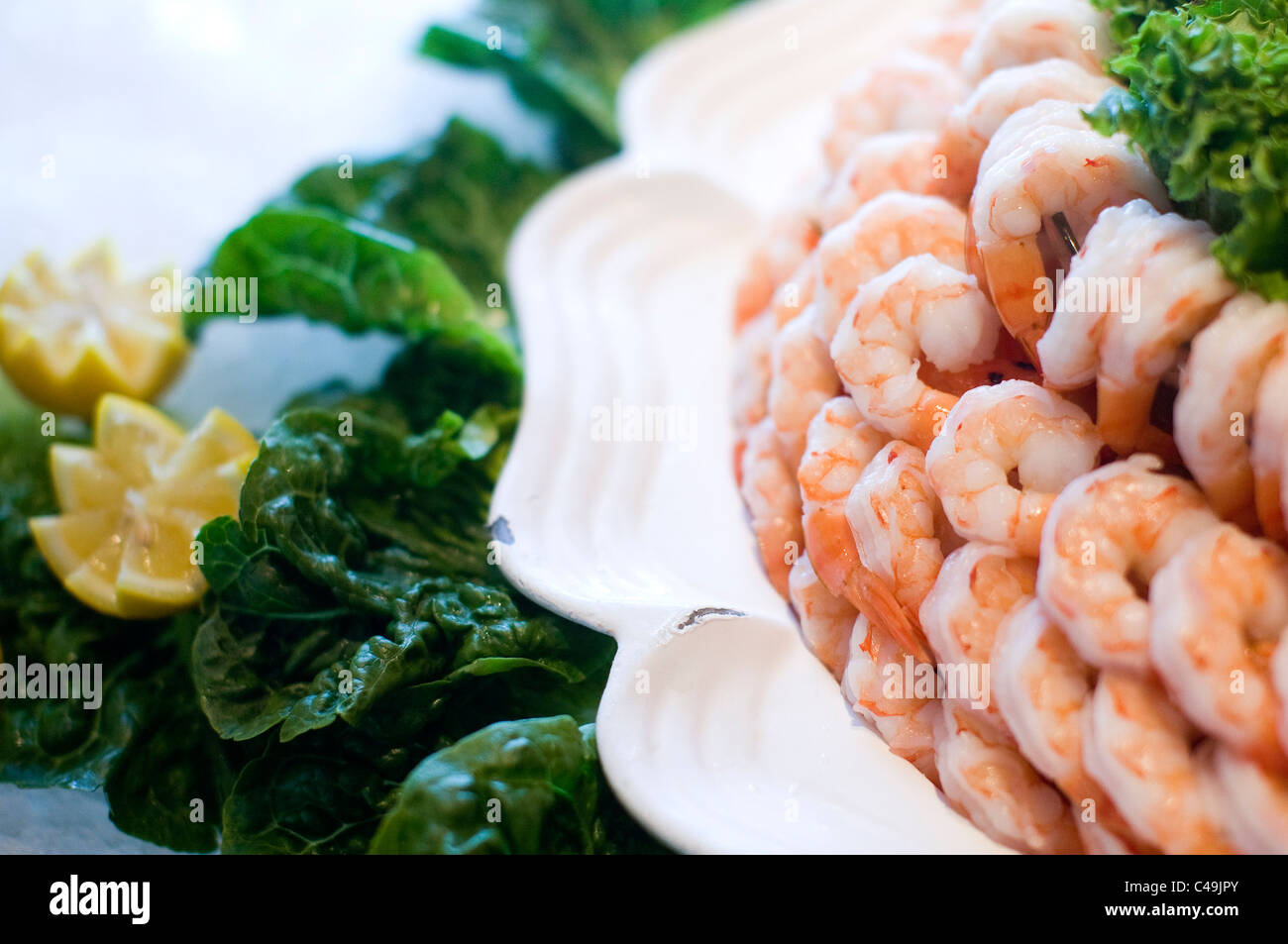 A shrimp platter with garnish. Stock Photo