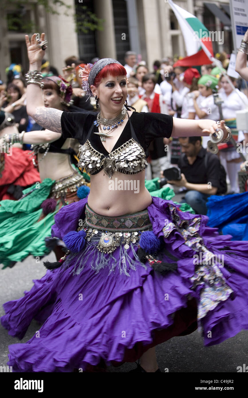 Anuual New York City Dance Parade along Broadway in New York City. Belly dancers. Stock Photo