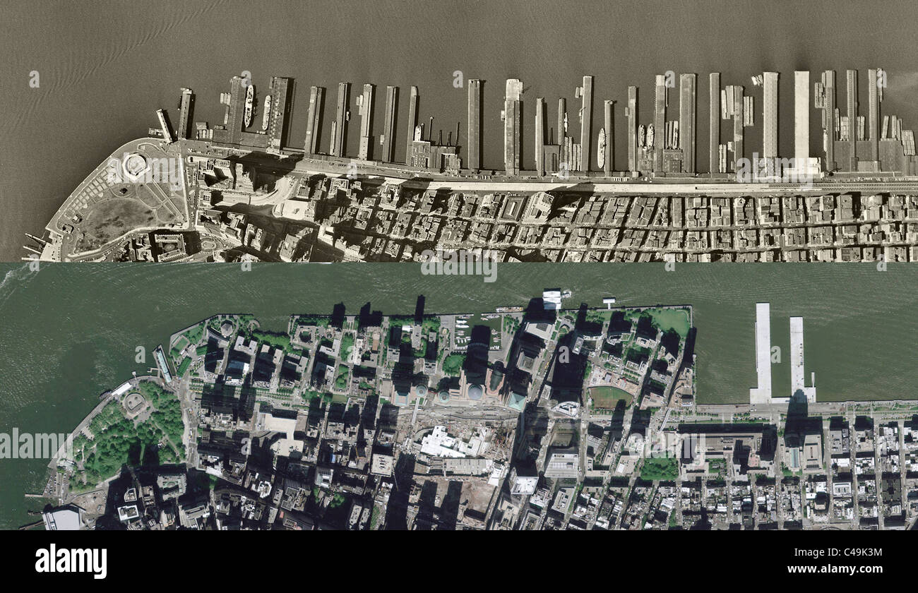 historical aerial comparison view 1954 2009 Hudson River piers Battery Park City New York City Stock Photo