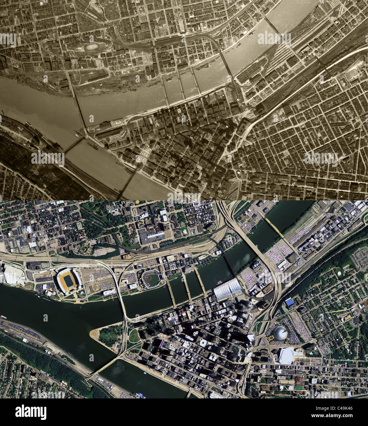 historical aerial map comparison 1948 2010 Pittsburgh Pennsylvania Stock Photo