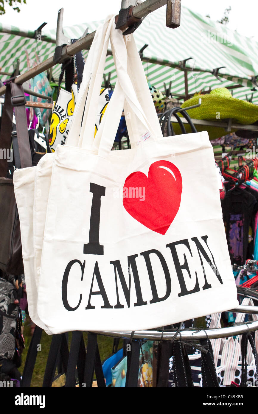 I love camden shopping bag at a stall in Cambridge Strawberry Fair 2011 Stock Photo
