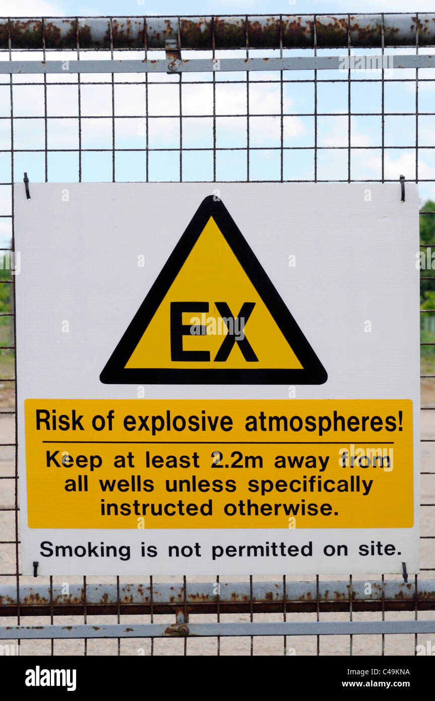 Waste management explosive atmosphere warning signs on closed landfill site after landscaping & well installations in rural area of Essex England UK Stock Photo