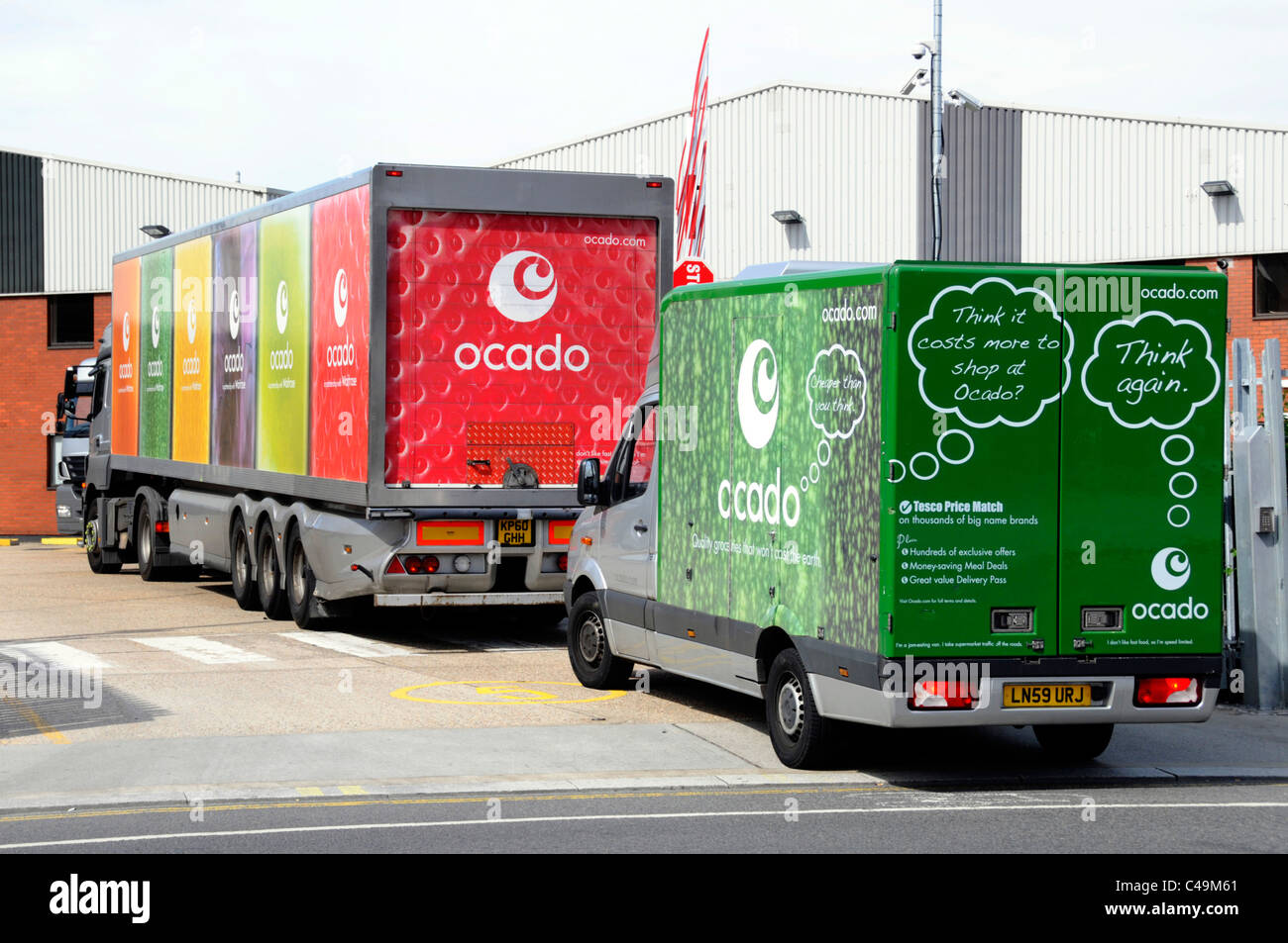 Ocado delivery truck arriving at depot followed by returning delivery