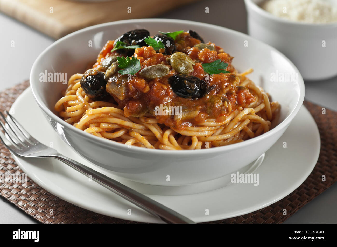 Spaghetti alla puttanesca Italian food Stock Photo