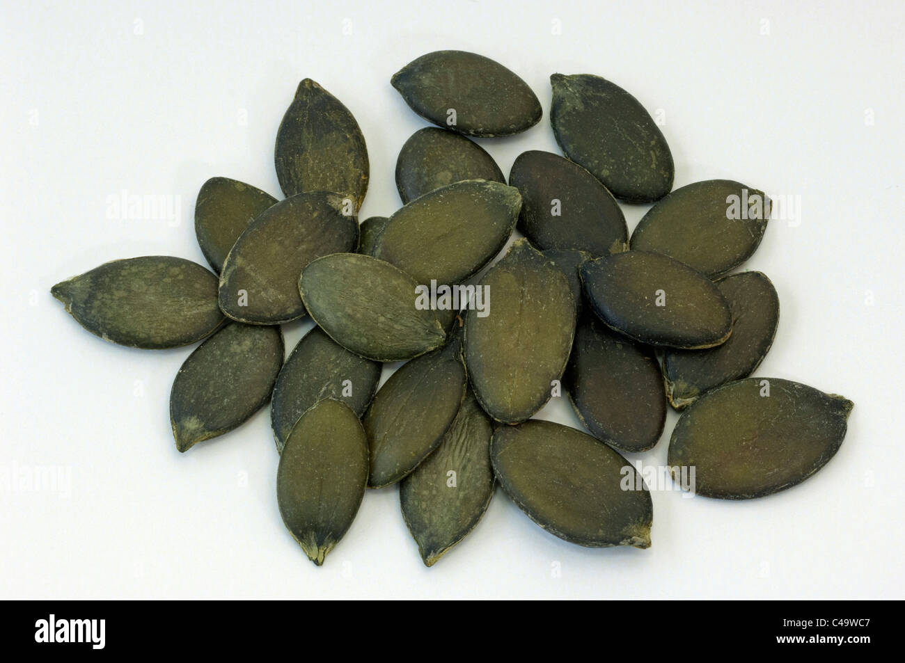Styrian Oil Pumpkin (Cucurbita pepo var. styriaca). Seeds. Studio picture against a white background. Stock Photo