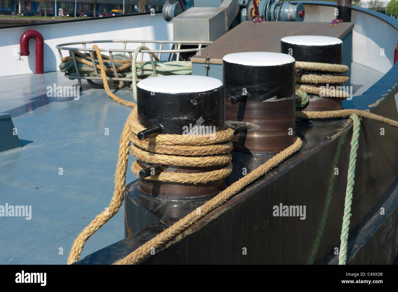 three bollards on a freighter in rotterdam, netherlands Stock Photo