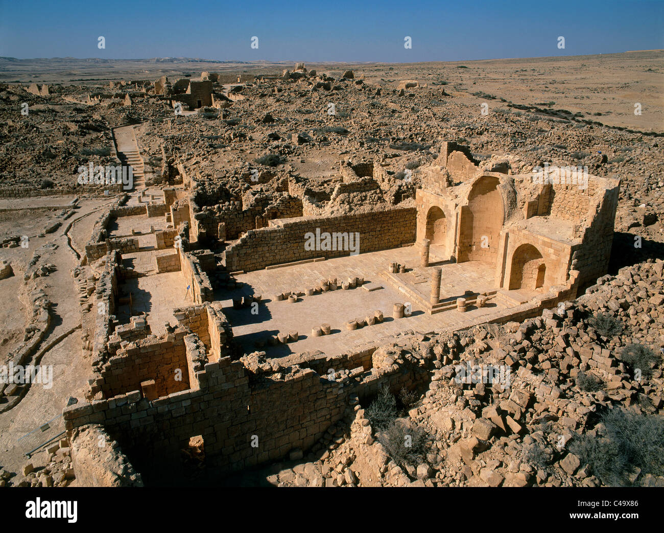 Aerial photograph of the ruins of Shivta in the Negev desert Stock Photo